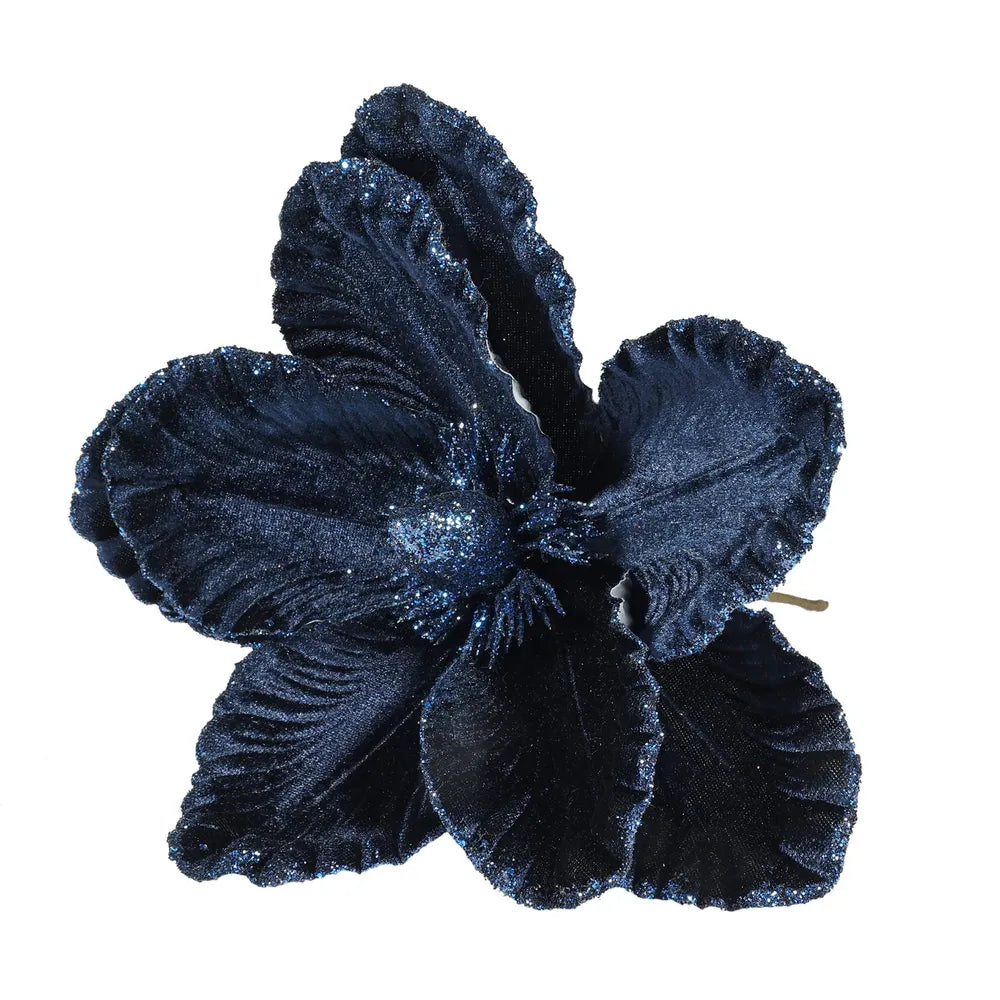 Velvet Magnolia With Glitter Edge X 24cm - Navy — Artificial Floral 