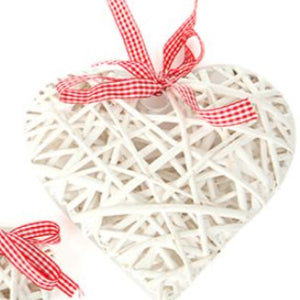 15cm White Wicker Heart with Red Gingham Ribbon