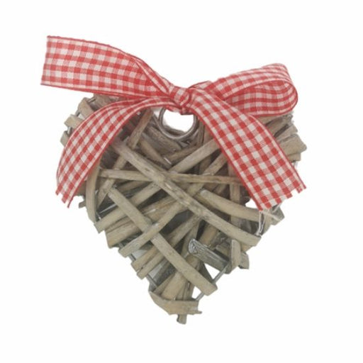 10cm Grey Wicker Heart with Red Gingham Ribbon