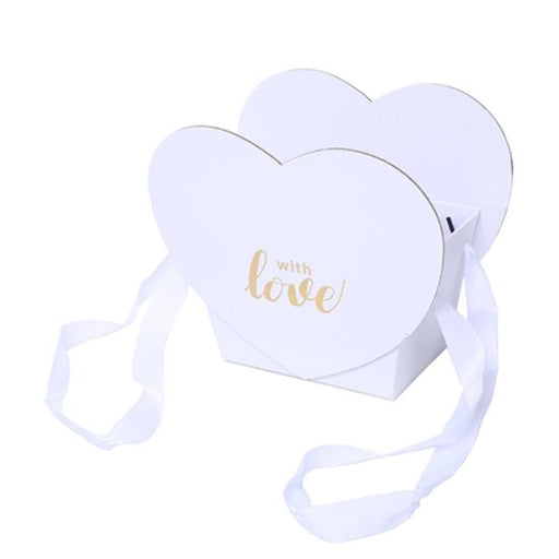 19cm White Heart-Shaped Flower Box with Handles & Gold Lettering - with Love