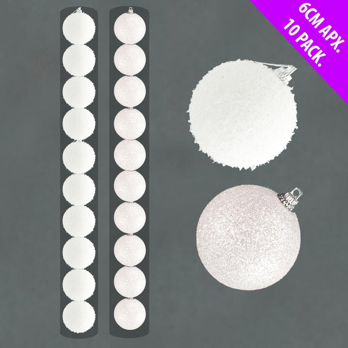 10 x 6cm Baubles - White Snow