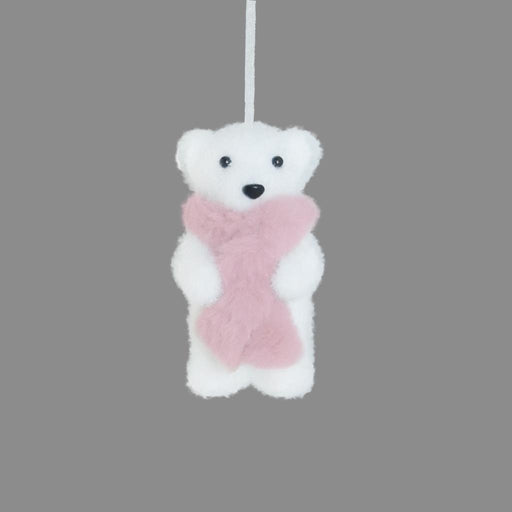 12cm Flocked Hanging Bear - White & Pink