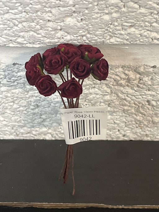 Burgundy Paper Rose 10mm Heads, 12 Stems