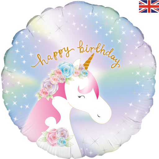 18" Foil Holographic Balloon - Happy Birthday - Pastel Unicorn