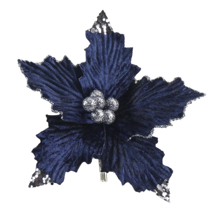 25cm Clip on Poinsettia Flower - Navy with Silver Glitter