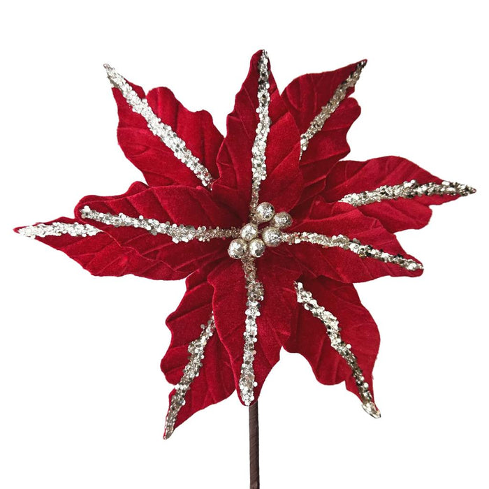 38cm Sparkling Red & Silver Velour Poinsettia Pick