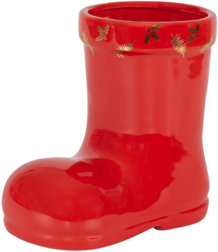 Ceramic Glossy Red Boot with Gold Holly Design - Height 16.2cm 