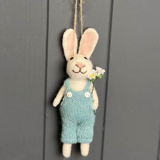 Spring Rabbit in Blue Dungarees Holding Flowers