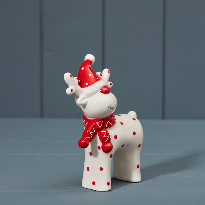 Festive Red & White Ceramic Deer Height 13cm