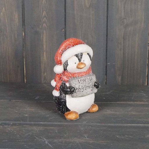 Ceramic Penguin with Merry Christmas Sign x H14cm