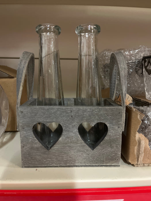 2 Single Stem Vases in Wooden Heart Stand with Leather Handles