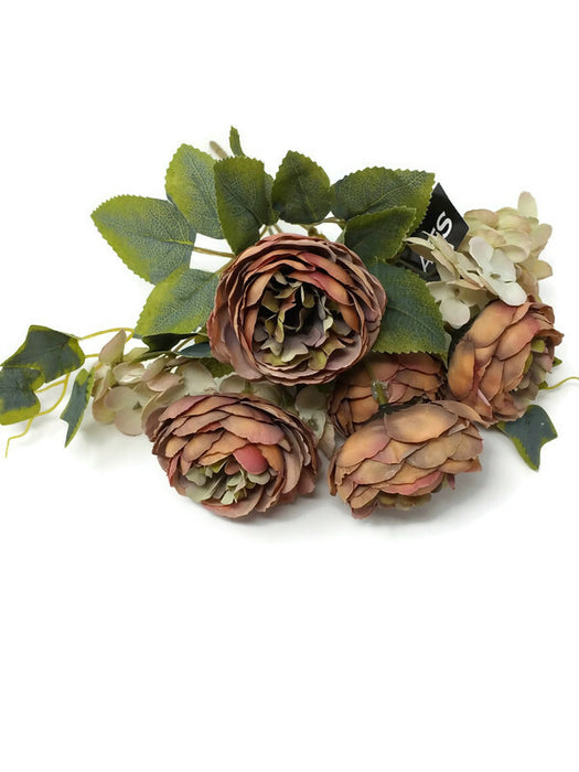 Peony & Hydrangea Bush x 28cm - Muted Pink/Brown/Olive