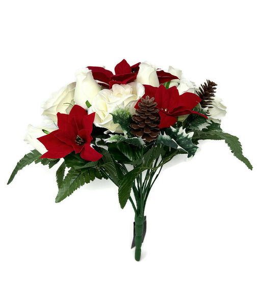 Poinsettia Rose and Pine Cone Mixed Foliage Bush x 36cm - Red & Cream