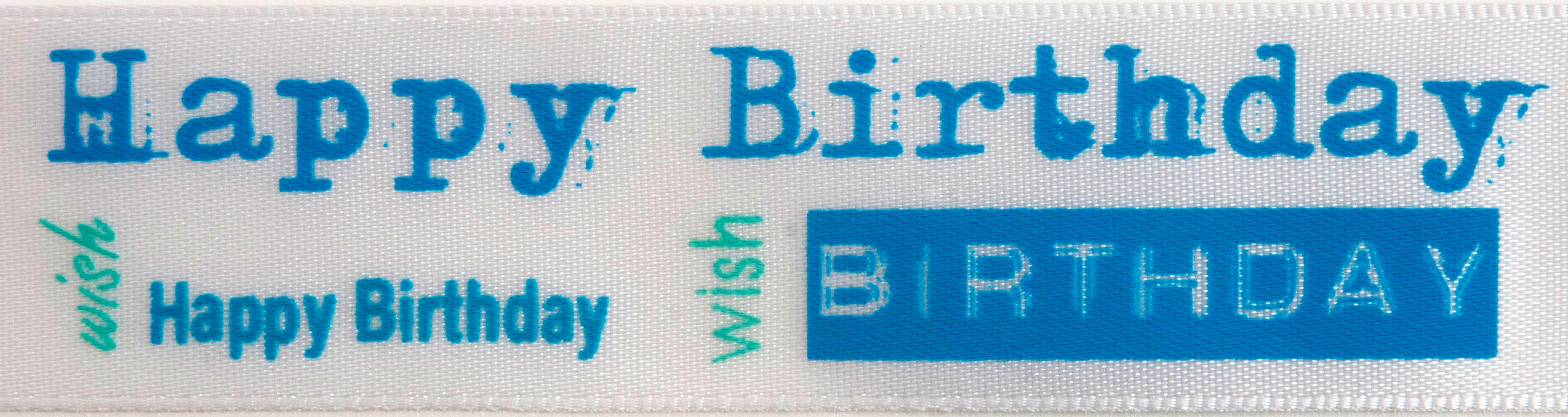 25mm x 3m Blue on White Happy Birthday Ribbon