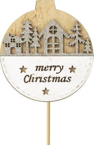 Single Wooden Merry Christmas Pick -  Silver & White