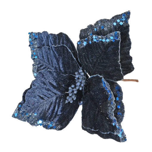 Velvet Poinsettia with Glitter Edge 24cm - Navy