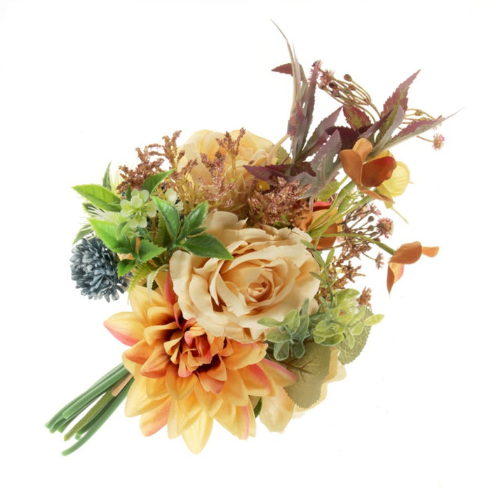 Autumn Rose & Dahlia Bunch with Mixed Foliage  x 40cm- Orange, Brown & Blue 