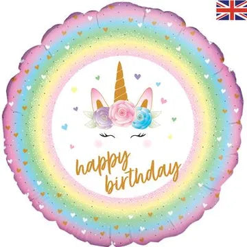 18" Foil Holographic Balloon - Happy Birthday - Unicorn Flowers