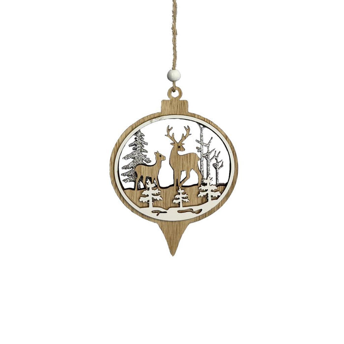 10cm Wooden Retro Deer & Forest Bauble Hanger