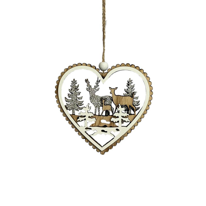 10cm Wooden Heart & Deer Hanger