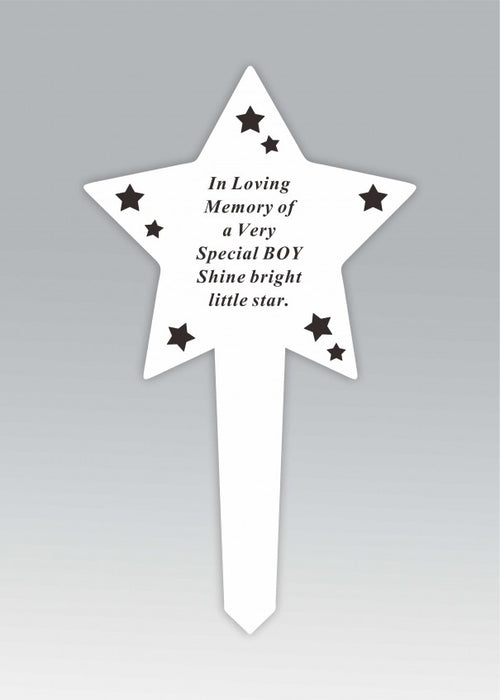 White Plastic Star Memorial Stake - In Loving Memory of a Very Special Boy