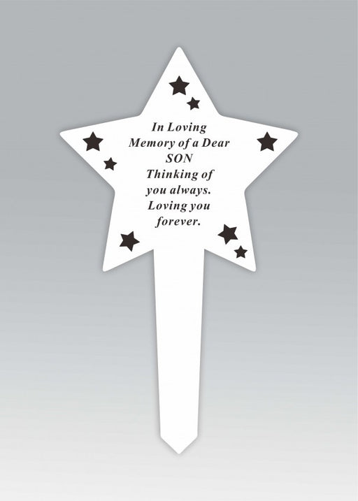 White Plastic Star Stake - in Loving Memory Of A Special BoyWhite Plastic Star Memorial Stake - In Loving Memory of a Dear Son