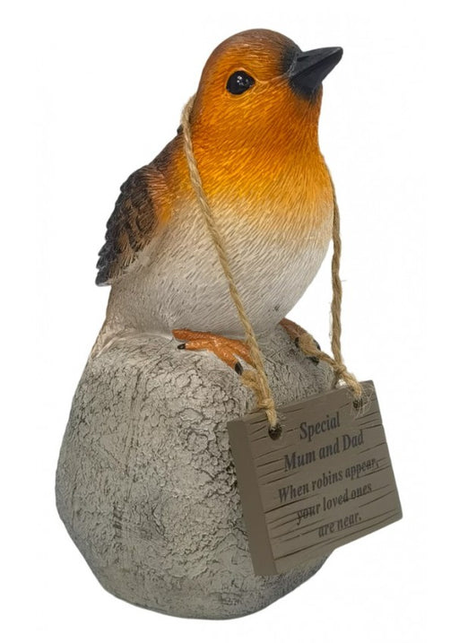 Robin on a  Rock with Hanging Plaque - Special Mum & Dad