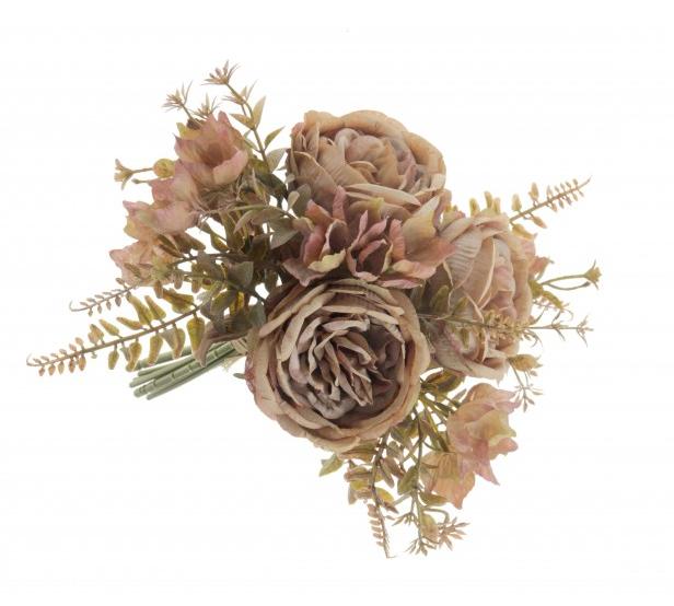 Artificial Dry Style Rose & Hydrangea Bouquet with Mixed Foliage - Pink Mix - 32cm long