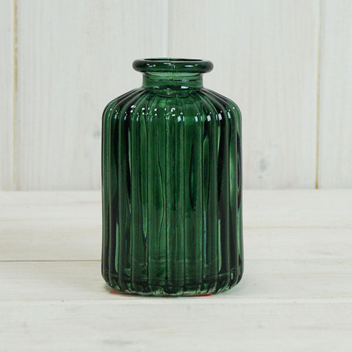 Green Ribbed Glass Bottle H10cm
