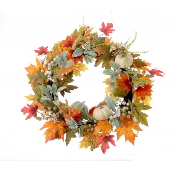 Lambs Ear & Pumpkin Wreath - Green/Orange - 60cm diameter