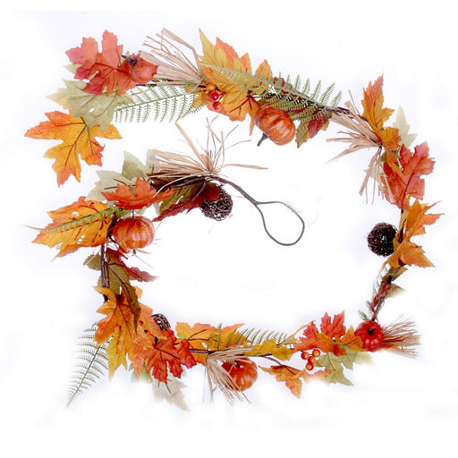 Maple Leaf & Pumpkin Autumn Garland x 182cm long - Orange/Green/Brown 