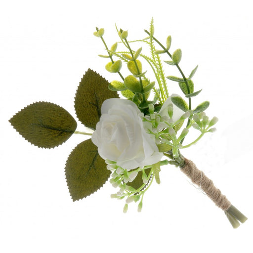 Single Rose and Foliage Buttonhole - Green/White - 18cm