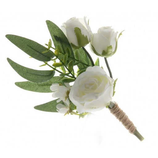 Triple Rose and Foliage Buttonhole - Green/White (21cm long