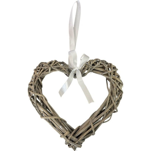 Natural Grey Wicker Heart Wreath with Ribbon Hanger - 30cm