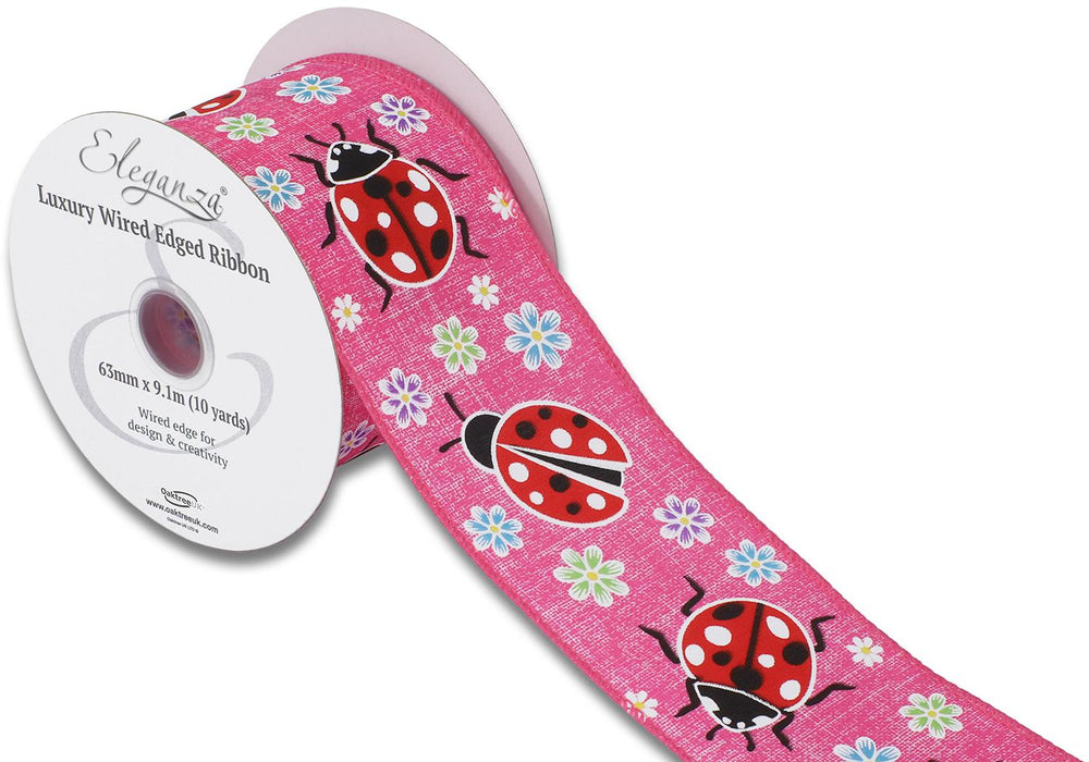 Wired Edge Ribbon 63mm x 9.1m - Floral Ladybird Fuchsia