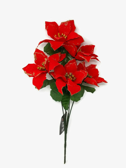 5 Head Poinsettia Bush x 33cm - Red with Gold Glitter