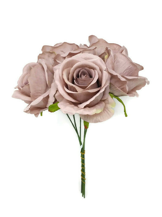 6 Wired Stem Rose Bundle x 27cm - Dusky Mauve