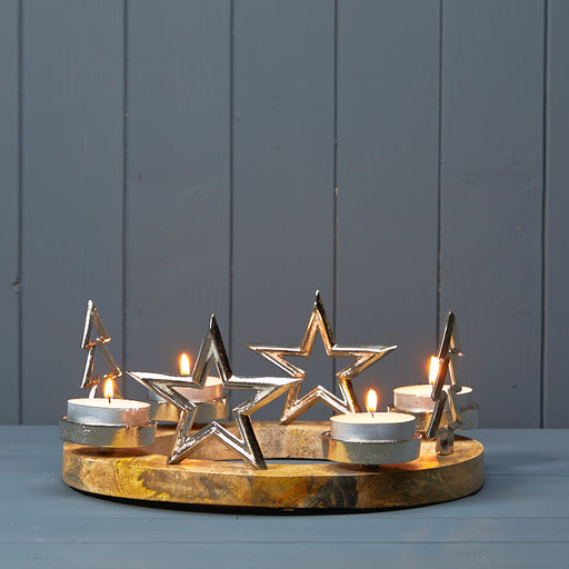 32cm Wooden Tealight Candle Holder Centrepiece with Metal Trees & Stars- does not include candles