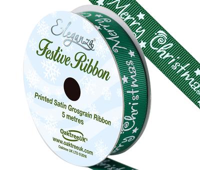 pos Satin Grosgrain Merry Christmas Design 15mm x 5m - Green