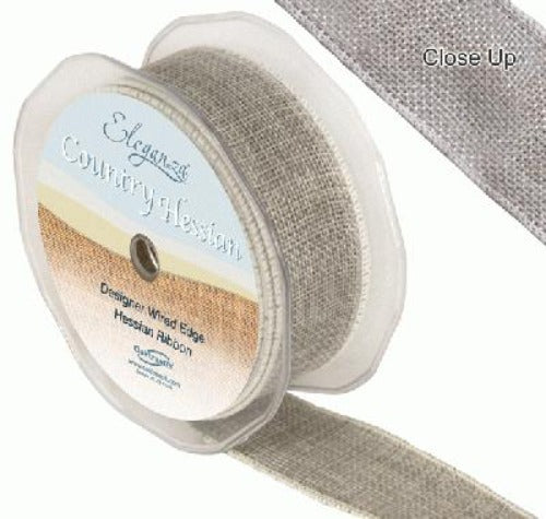 38mm x 10m Country Hessian Wired Ribbon Roll - Light Grey
