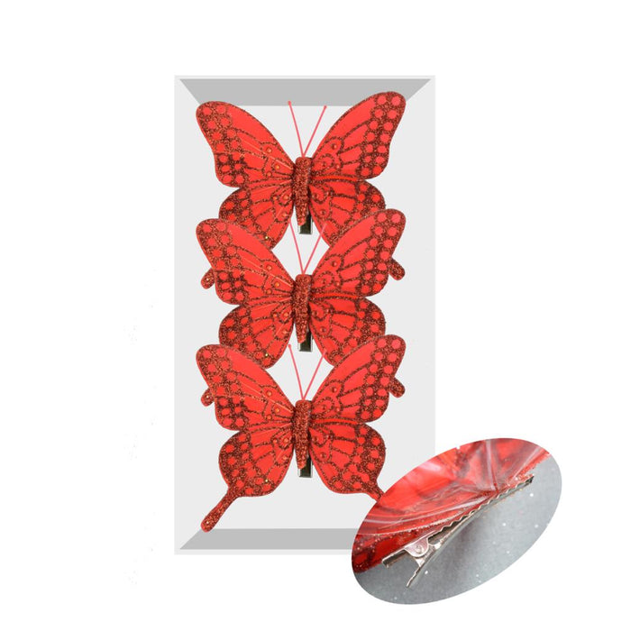 3 Clip on Glitter Feather Butterflies 12cm - Red