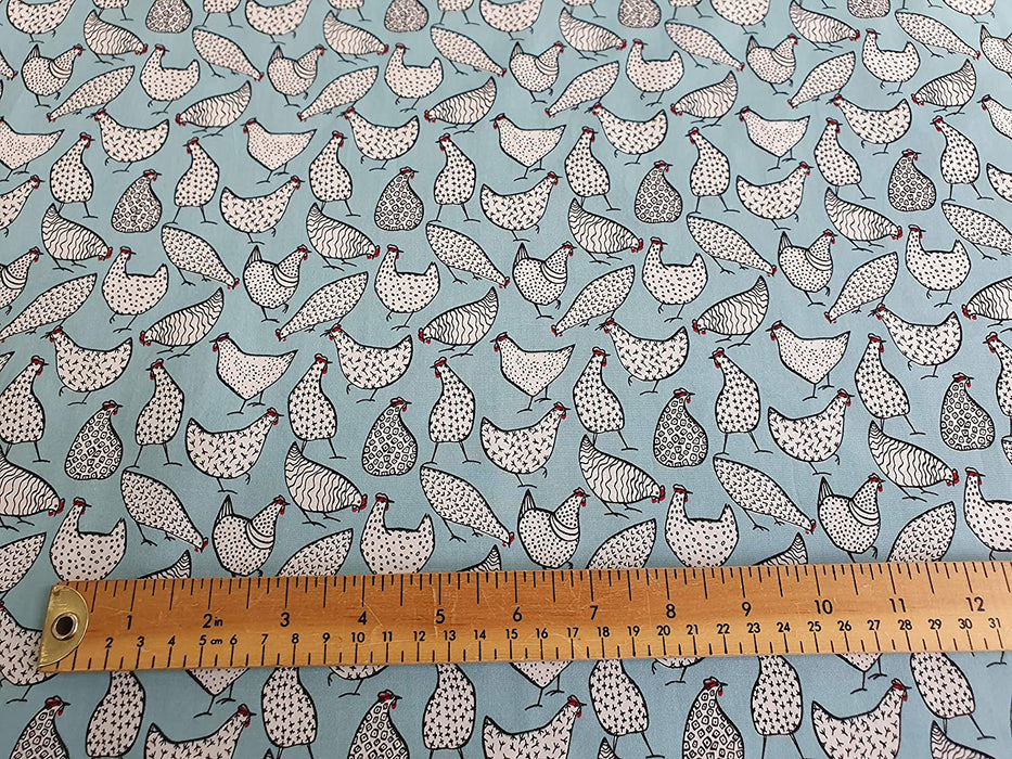 1M 100% Cotton Poplin Chickens on Duck egg Blue Fabric (45 inche width) stock location a3