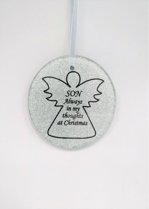 Silver Glass Angel Memorial Christmas Tree Hanger - Son