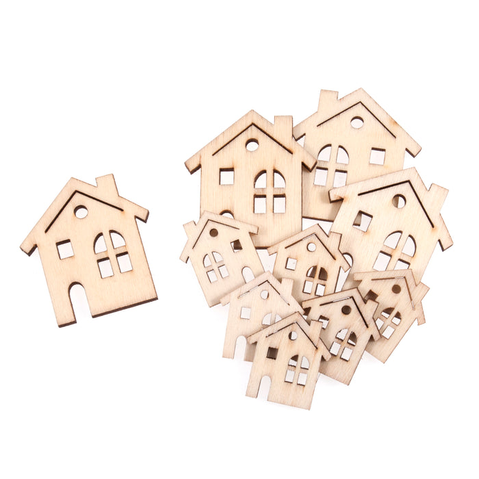 Natural Craft Embellishment - Wooden House x 10 - Assorted Size