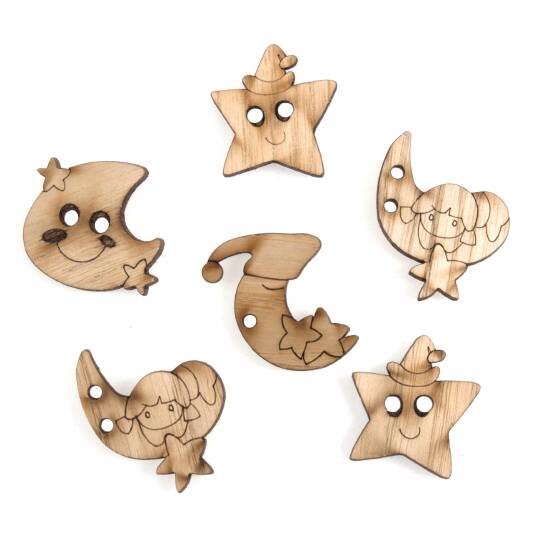 Novelty Craft Buttons, Wooden Moon & Stars, Pack of 6