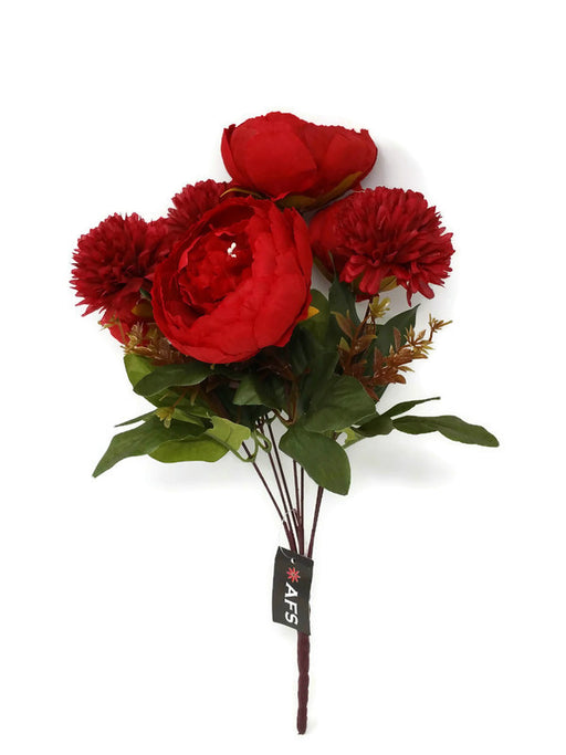 7 Head Peony & Chrysanthemum Bush x 40cm - Red