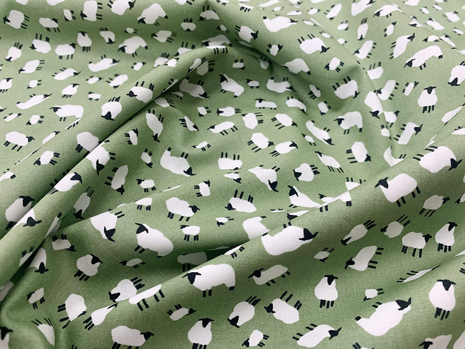 1M 100% Cotton Poplin Sheep on Green Width: 110cm (45 inches)