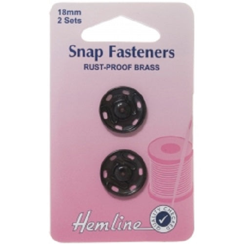 Hemline Sew-On Snap Fastener Press Stud - Black Coated x 18mm